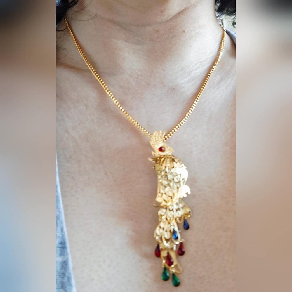 Vintage 80s ✨️🦜Jewelled Golden Bird Necklace/Brooch - Picture 3 of 3